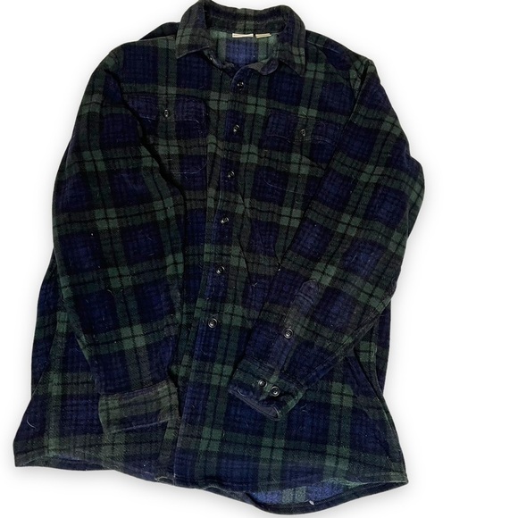 LL Bean Fleece Button Down Shirt Men’s Sz L Tall Long Sleeve Green Plaid Shacket - Picture 1 of 5